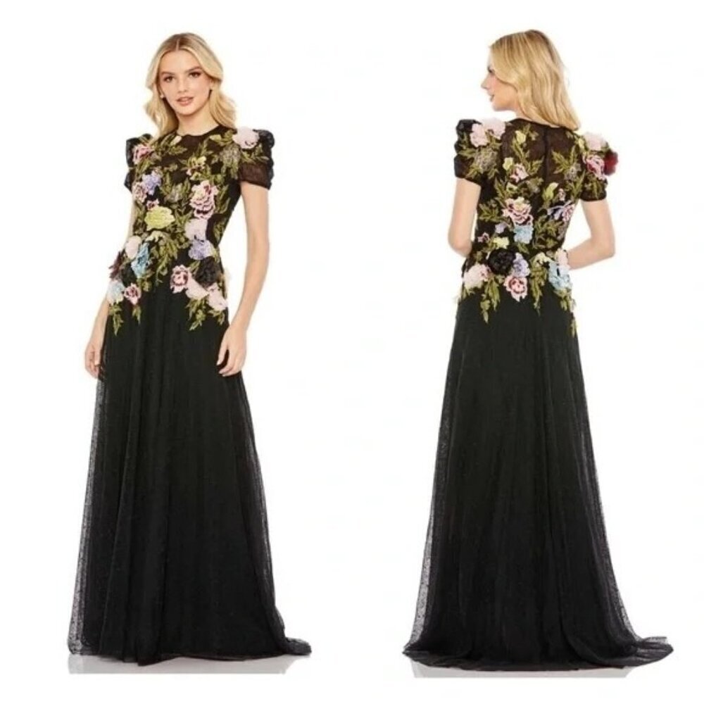 Mac Duggal Black Maxi Gown with Multicolor Floral Embroidery